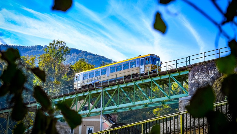 Citybahn fährt über Brücke Froschperspektive