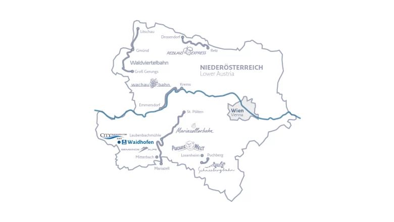 Karte von Niederösterreich mit dem Streckennetz der Citybahn Waidhofen. Weitere Bahnlinien und wichtige Orte sind schematisch dargestellt.